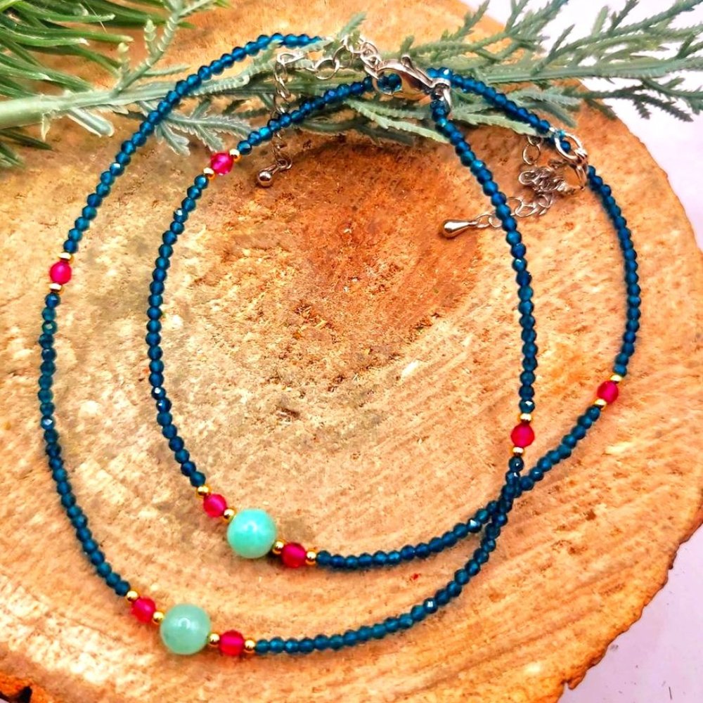 2pcs Set Of Nature Blue Tourmaline & Amazonite Ankle Bracelet
